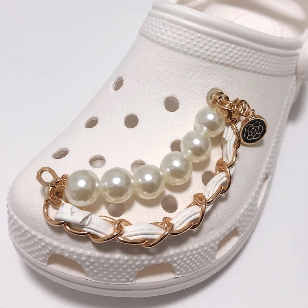 Crocs White Leather and Gold Chain Charms
